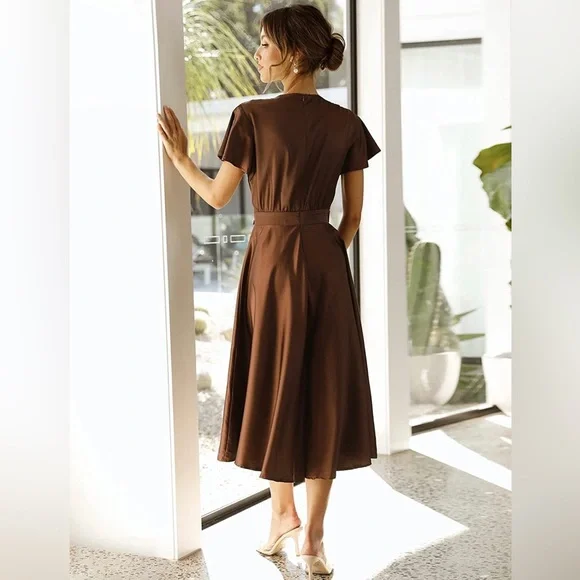 Womens Satin V Neck Ruffle Tie Front High Waist Midi A-Line Maxi Dress. Size M. - Picture 3 of 8